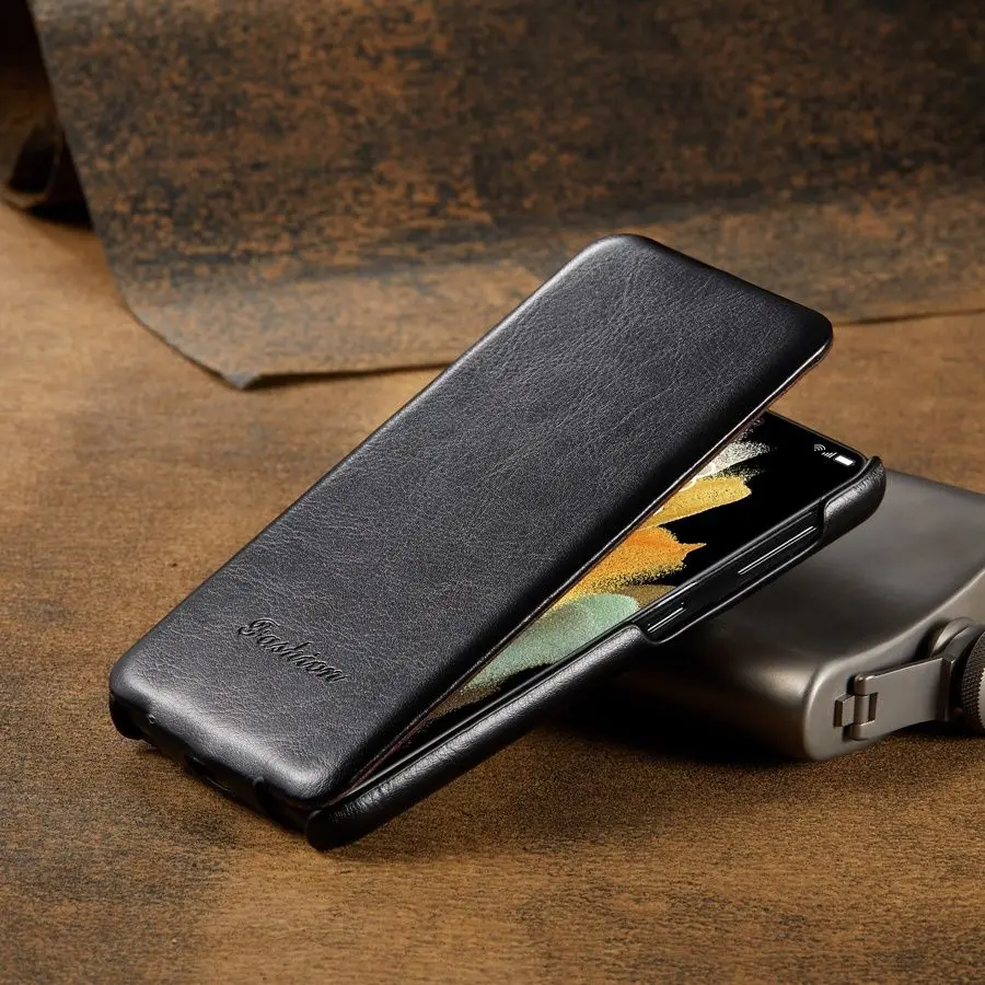 Premium Genuine Leather Vertical Flip Cover Case with Complimentary Screen Protector