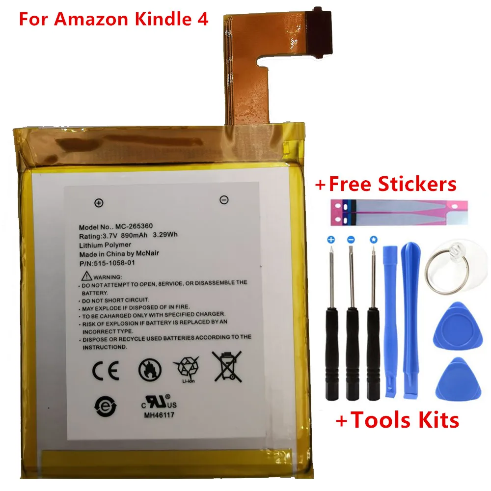890 мА/ч, Батарея для Amazon Kindle 4 5 6 D01100 515-1058-01 MC-265360 S2011-001-S DR-A015 Батарея подарок инструменты+ наклейки