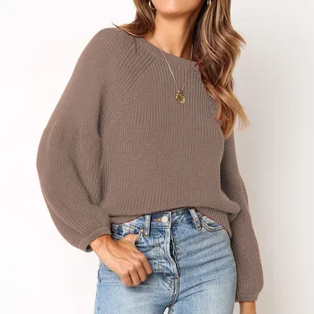 

Solid Long Sleeve Sweaters Women Autumn Thin Pullovers Lantern Sleeve Knitted O-Neck Shirt Sweater Blouse 2019 pulover feminino
