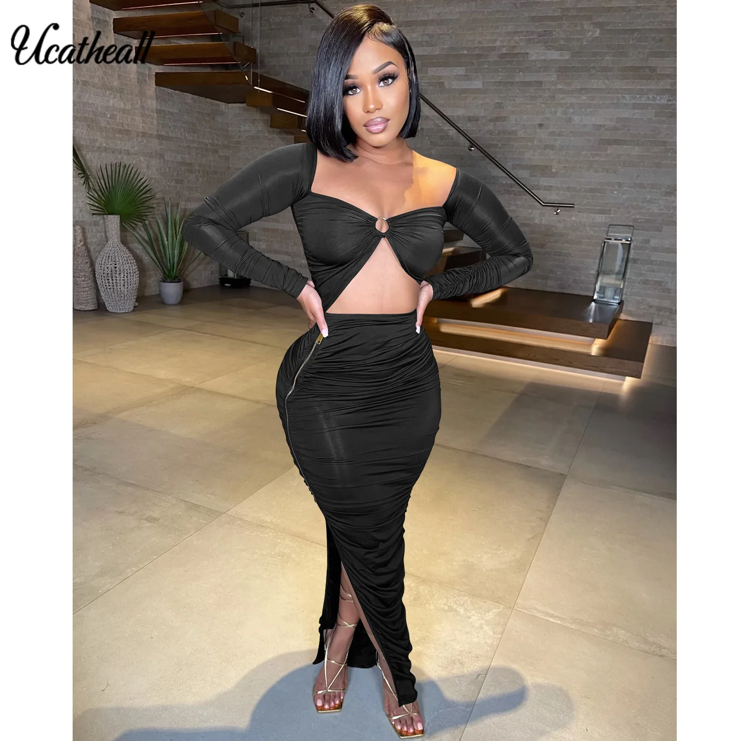 

Sequare Neck Bodycon Dress Women Split Metal Ring Elastic High Waist Long Sleeve Dress Elegant Ruched Mid-Calf Dresses