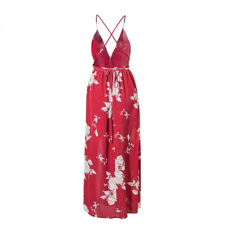Модные красивые летние Для женщин Boho красный Цветочный принт вечерние сексуальное платье с глубоким v-образным вырезом Разделение длинное платье без рукавов с открытой спиной пляжное платье