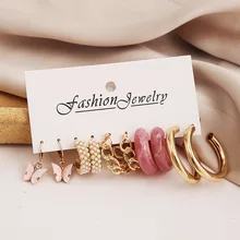 Fashion New Gold-plated Butterfly Earrings Set Simple Pink Acrylic C-shaped Chain Earrings for Women Jewelry Dating Party