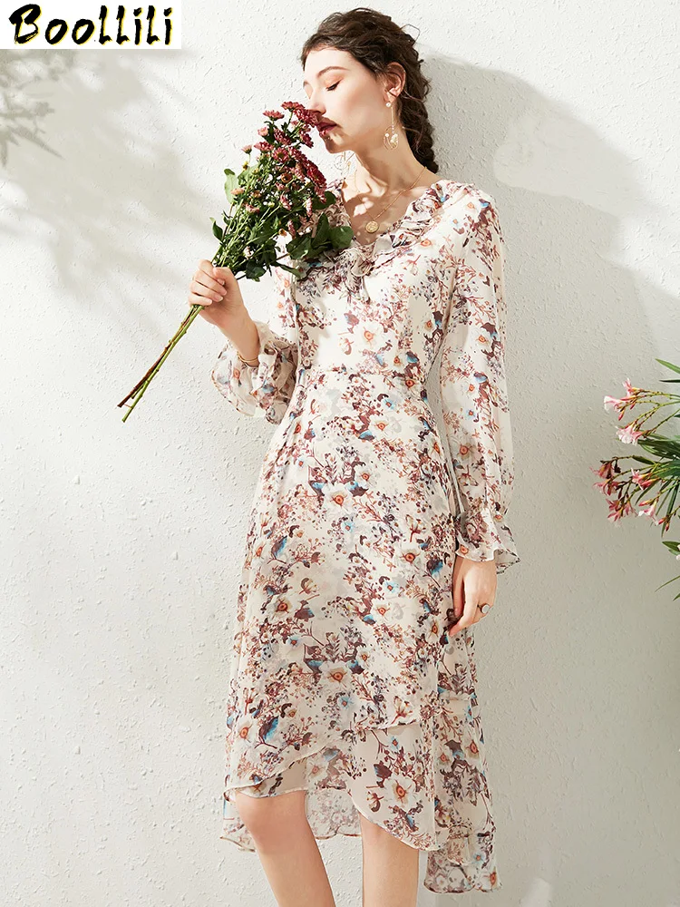 Boollili Vintage Elegant Chiffon Midi Dress Women Spring Autumn Long Sleeve Floral 2020 Ladies Dresses Vestidos | Женская одежда