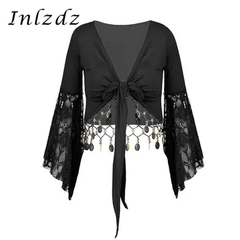

Women Lace Patchwork Dancewear Crop Tops Three Quarter Flare Sleeve Bead Tassel Lace-Up Shawl Cardigan Indian Belly Dance Costum