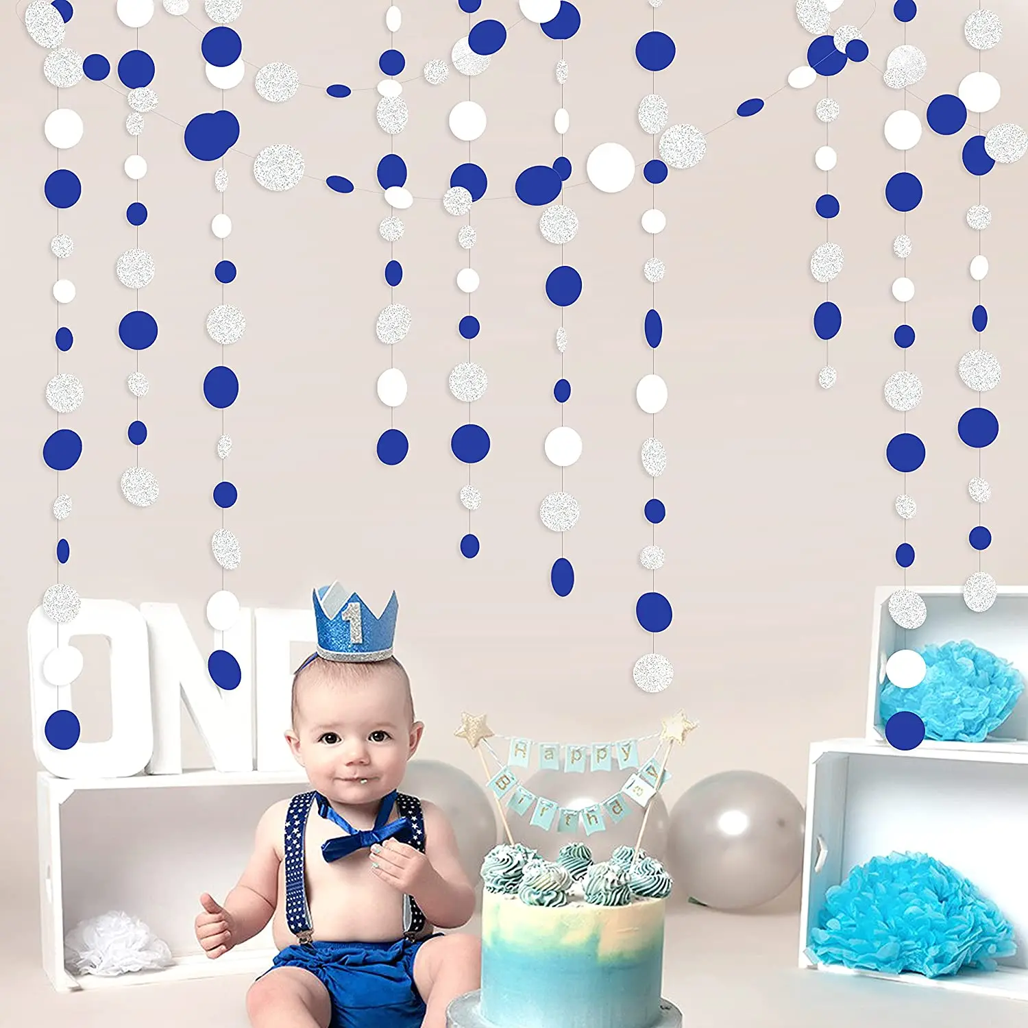 Blue & Silver Paperboard Garland for Baby Showers & Anniversaries Dot shaped garland paperboard blue