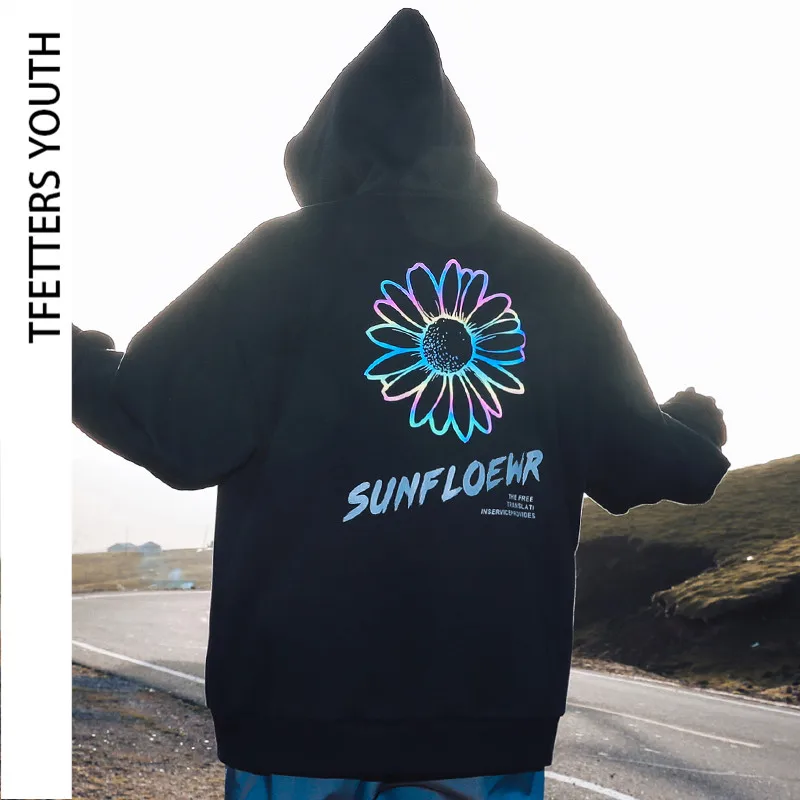 

TFETTERS Brand Korean Fashion Hoodies Sweatshirt Men 2020 Autumn Daisy Flower Colorful Reflective Printing Hip Hop Men Clothing