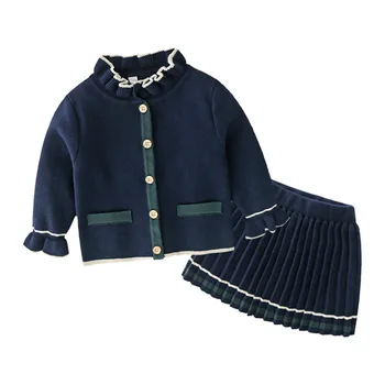 

new kids girls winter clothes Long sleeve Round neck cotton knitted cardigan Sweater coat and pleated stripes Half skirt set