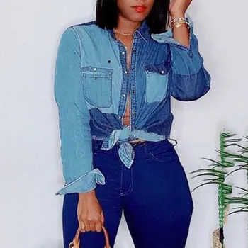 

Women Denim Blouse Plus Size 2XL Vintage Women Tops Patchwork Autumn Long Sleeve Blouses Ladies Fashion Casual Jeans Shirts Fall