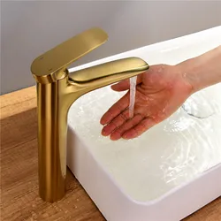 Brushed Gold Solid Brass Bathroom Basin Faucets Sink Mixer Hot & Cold Single Handle Deck Mounted Copper Lavatory Taps Gun Grey