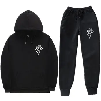

People Are Poison Rose Print Men Hoodies Suits Brand Tracksuit Men Hip Hop Sweatshirts+pant Autumn Winter Fleece Hooded Pullover