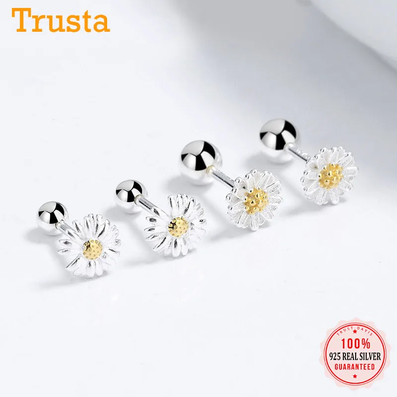 Trustdavis Real 925 Sterling Silver Fashion Daisy Flower Screw Stud Earrings For Women Children Baby Minimalist Jewelry DB1422 | Украшения