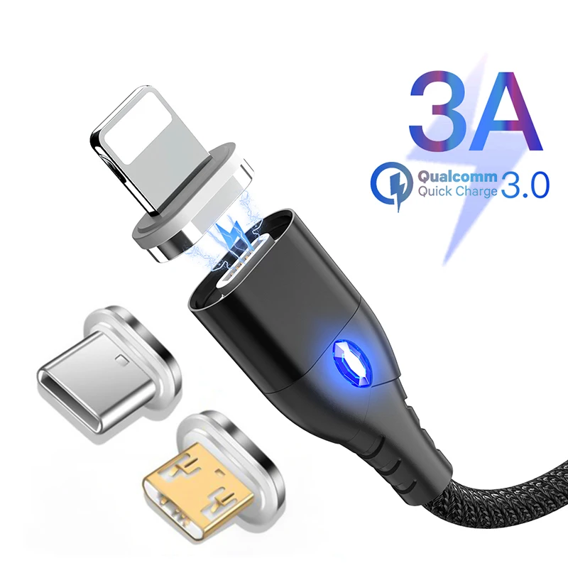 

Magnetic Micro USB Type C Cable Lighting For iPhone ipad 3A Fast Charge Wire For Samsung S9 Oneplus 6t Mobile Phone Charger Cord