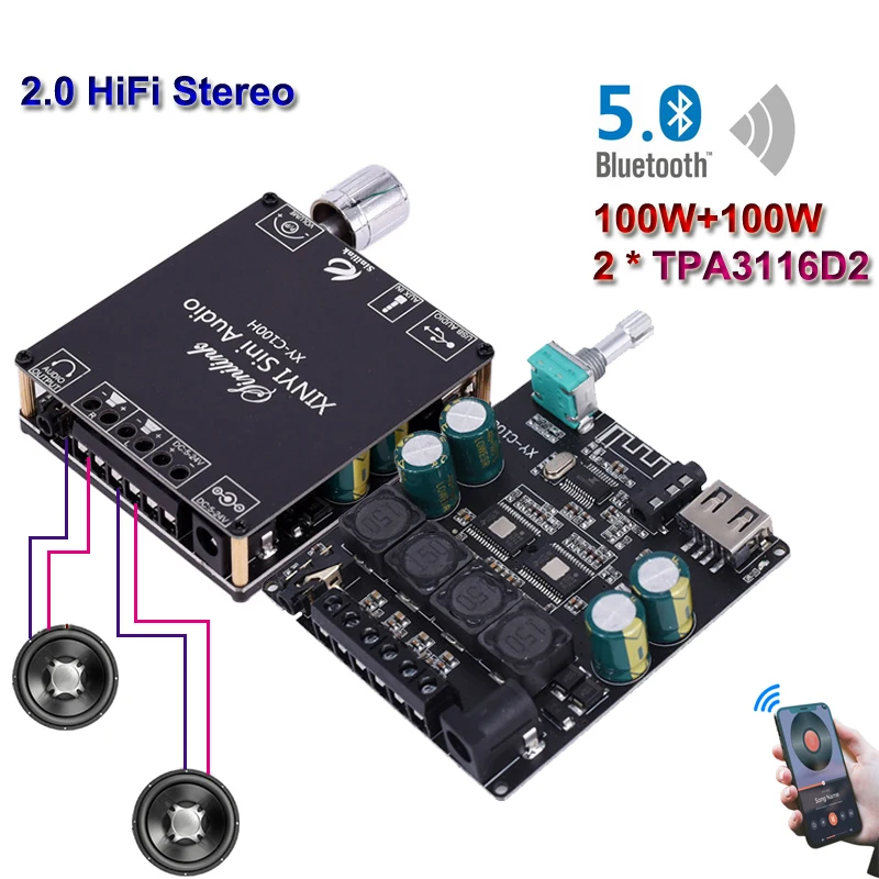 2*100W 블루투스 5.0 AUX TPA3116 디지털 파워 앰프 보드, 클래스 D ..