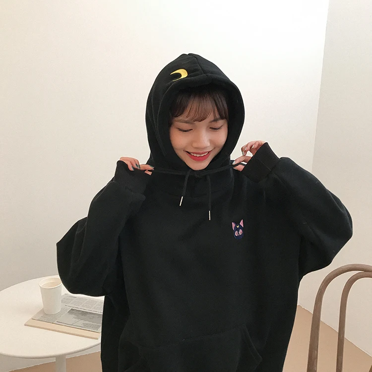 Fannic вышитые Луна кошка розовые толстовки для женщин Kawaii корейский стиль свободный свитер с капюшоном пуловеры