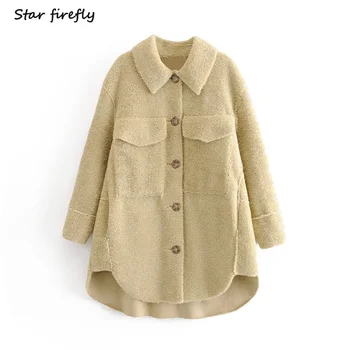 

Star firefly fashion Za coat female 2019 casual loose solid color pocket lapel plush long work coat women