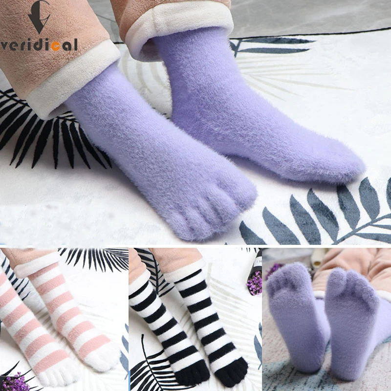 fluffy socks Women's Thick Five Finger Socks Winter Warm Coral Fleece Fluffy Toe Socks Striped Soft Cozy Hosiery Girls Female Floor Slippers ugg socks
