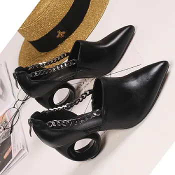

Hollowing Circle Heel Shoes Woman Black Pointed Toe Leather High Heels Fashion Metal Chain Ladies Shoes Back zipper Women Pumps