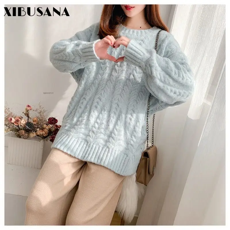 

XIBUSANA Women's Sweaters 2020 Autumn Winter New Cotton Loose Solid Casual O-Neck Pullovers Thickened Korean Knitting for Female