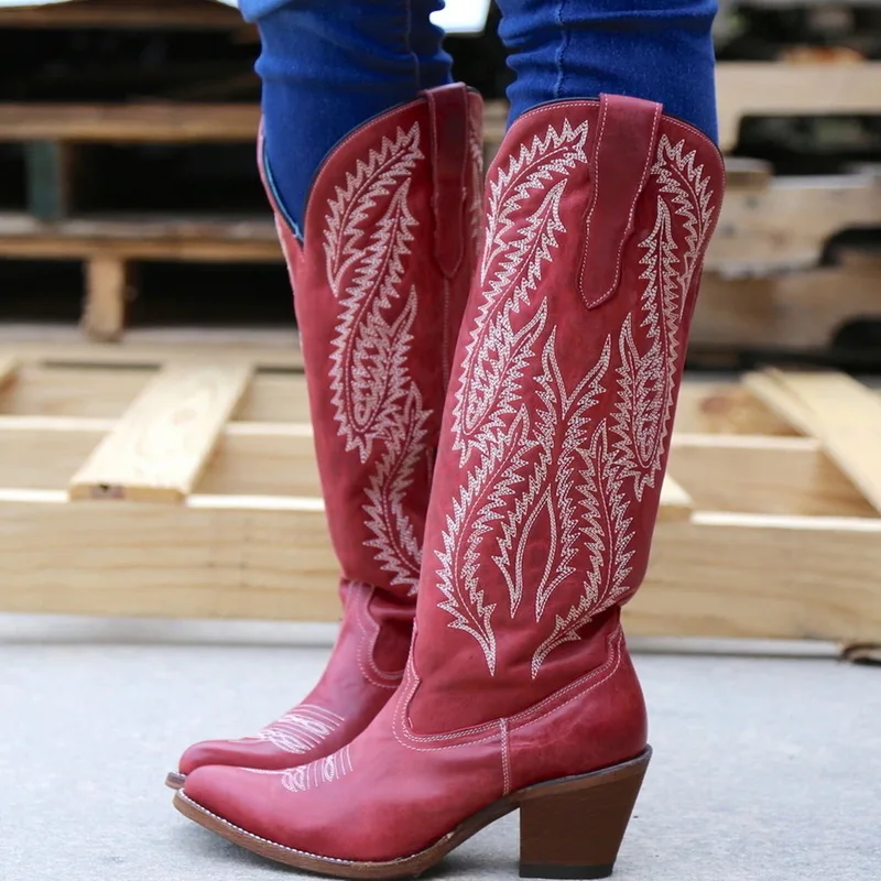 Oeak; классические ковбойские сапоги с вышивкой в ковбойском стиле; женские кожаные женские ковбойские ботинки; обувь на низком каблуке; женские сапоги до колена; женские ботинки
