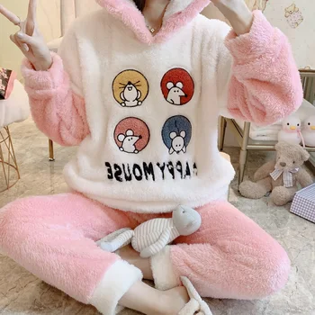 

JULY'S SONG Cute Winter Flannel Pajamas Set Women's Sleepwear Thick Plush Animal Cartoon Warm Girl Plus Velvet Hooded Homewear