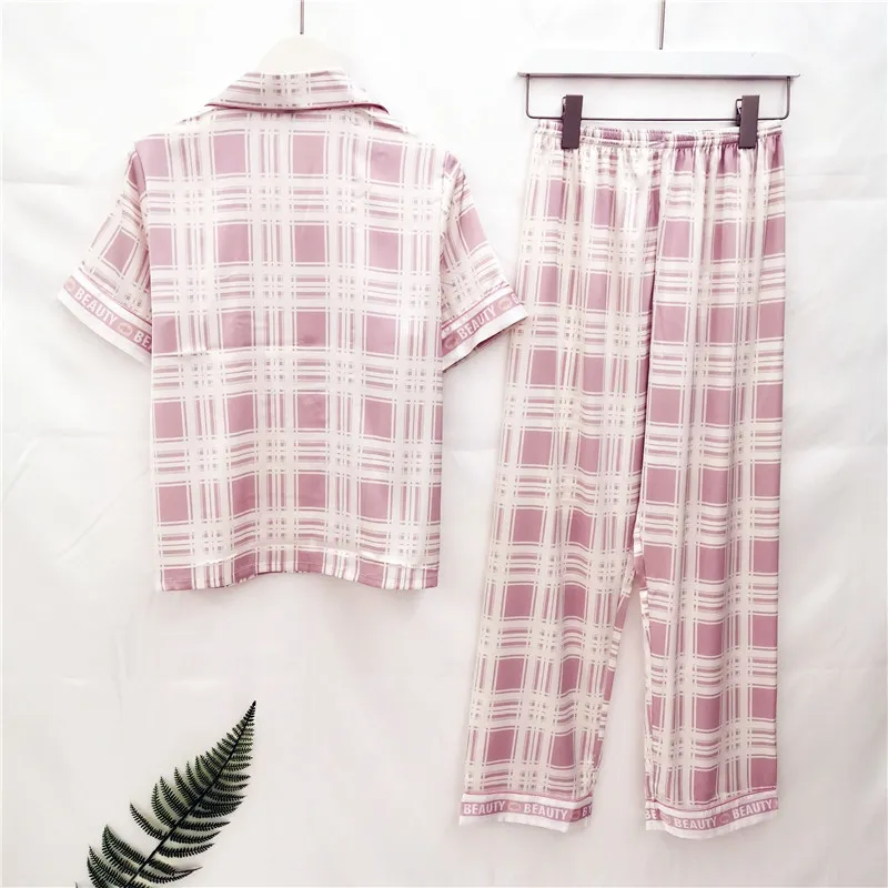 Summer New Pajama Set Women's Ice Silk Short-sleeved Trousers Simple Suit Plaid Ins Nightwear