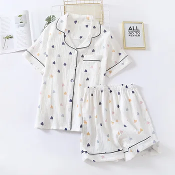 

women summer cotton gauze short sleeve shorts pajamas set cute heart love print home clothes soft ladies sleepwear suit Y052