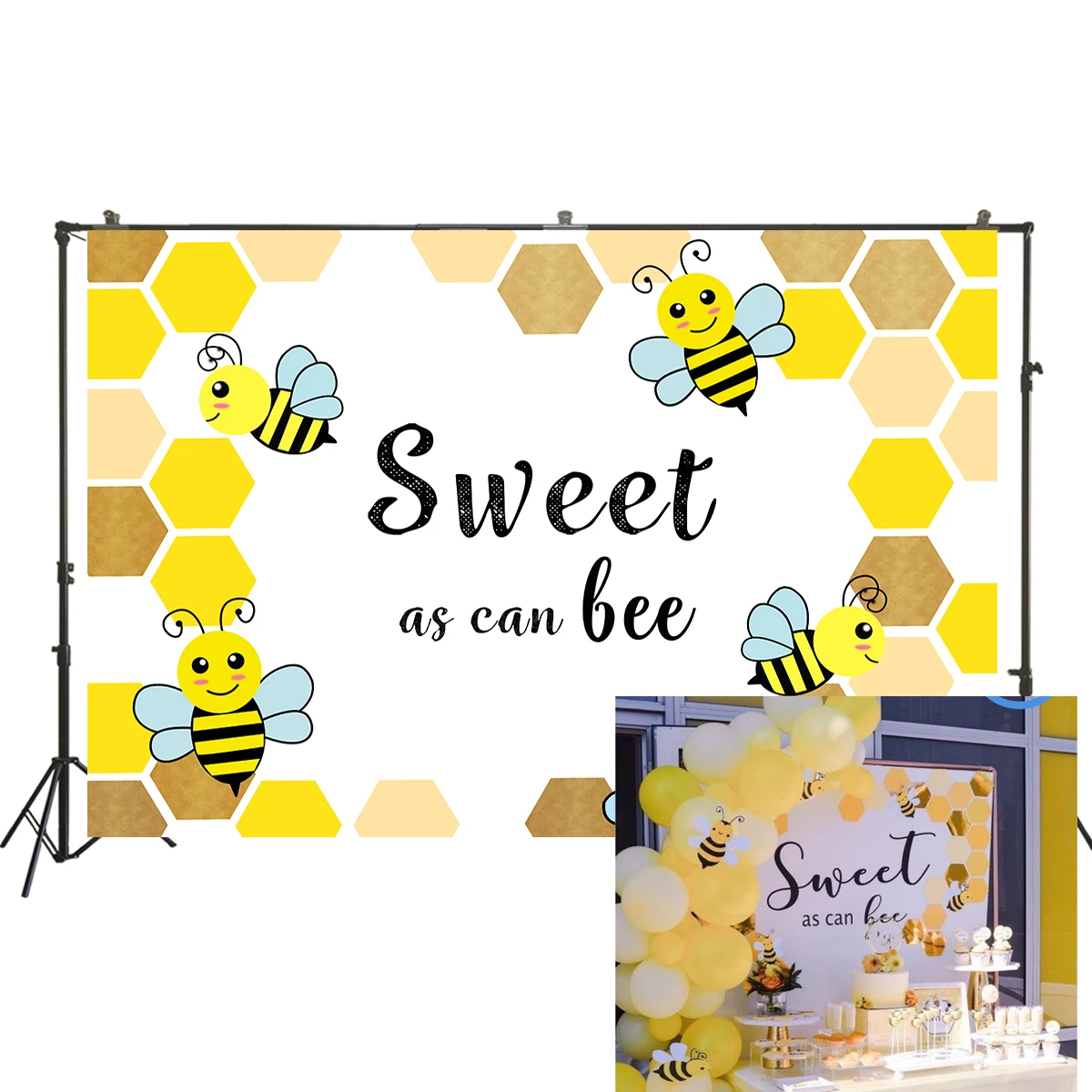 

Sweet as Can Bee Backdrop Theme Honeycomb Baby Shower Bumble Bee Table Party Banner Birthday Photography Background W-2259