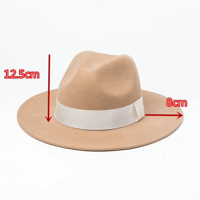 01908-HH8147 новая осенне-зимняя шерстяная бежевая лента Шляпа Fedora для мужчин и женщин джазовая Панама