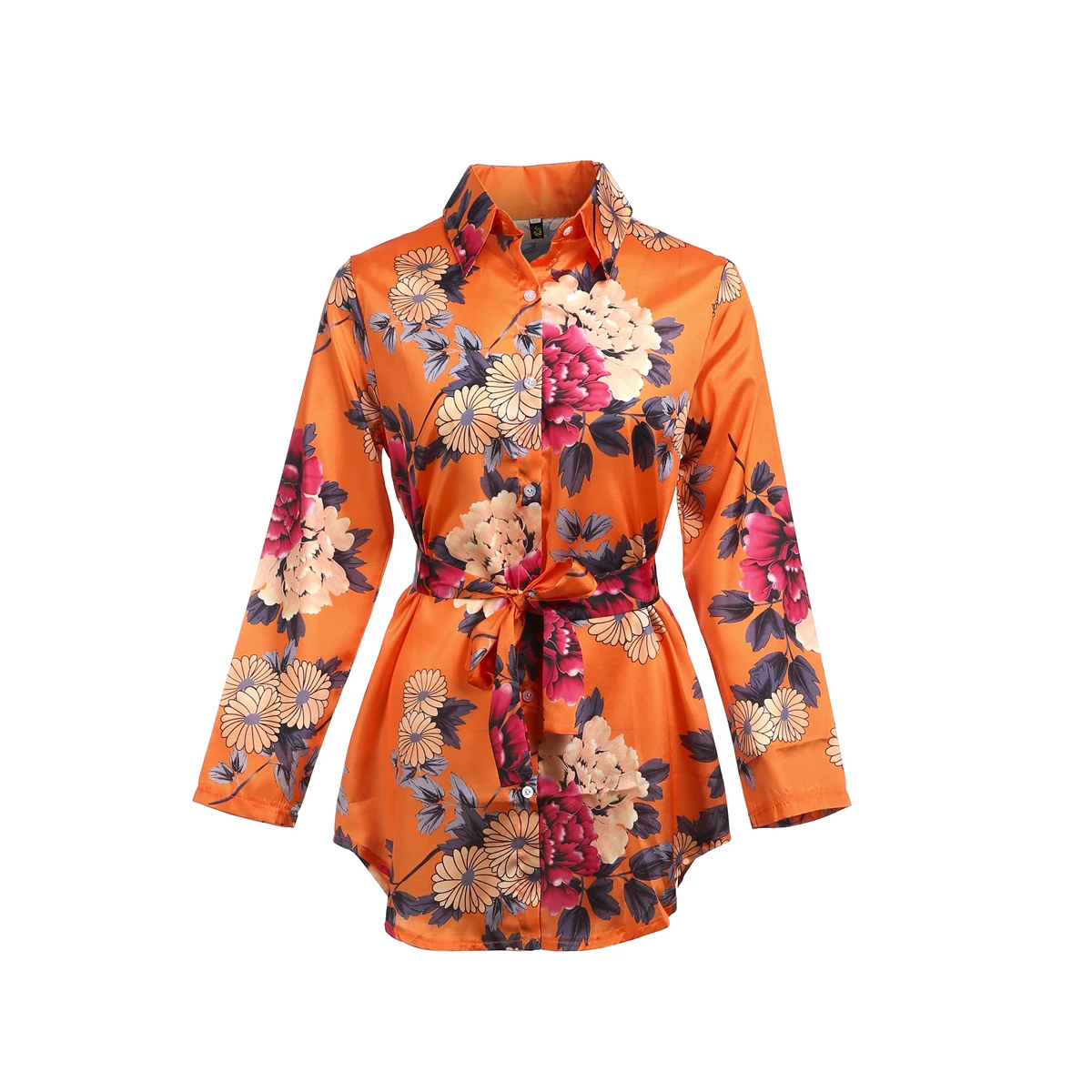Летняя Сексуальная женская шелковая атласная рубашка, платье с цветочным принтом и длинным рукавом, свободные короткие мини-платья, Пляжное вечернее платье - Цвет: Оранжевый