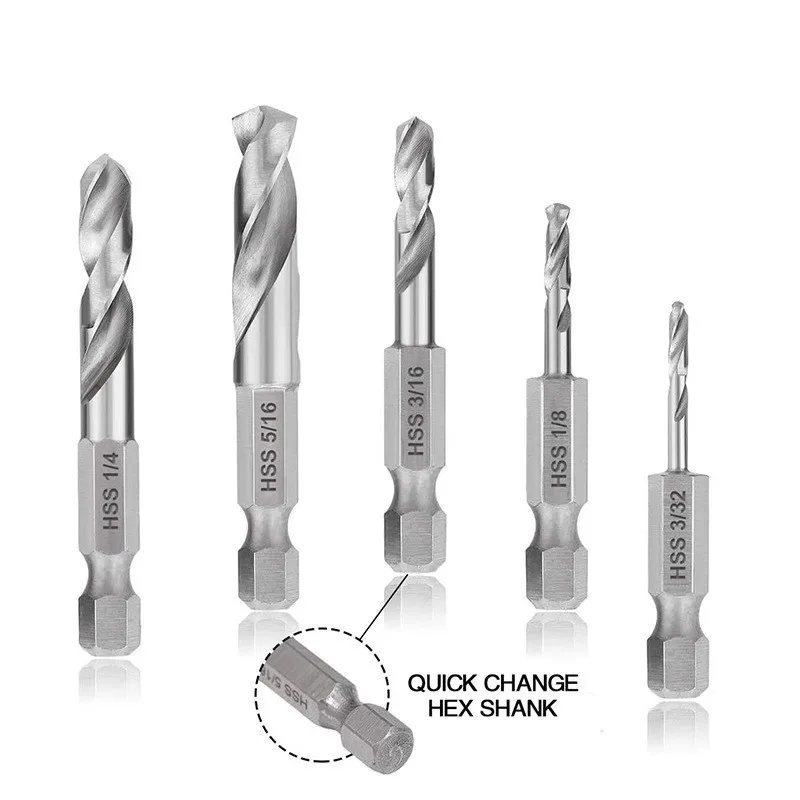 

5pcs Stubby Drill Bit Set For Metal Quick Change 1/4" Hex Shank High-speed Steel 3/32'' 1/8'' 3/16'' 1/4'' 5/16'' Drill Bits