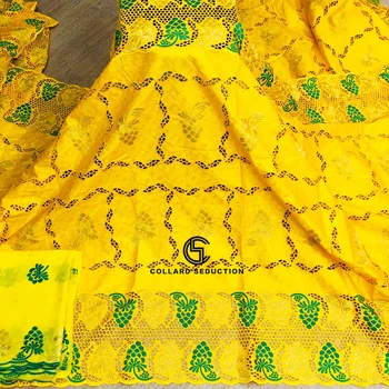 

CS bazin riche african fabric 2020 new yellow cotton bazin broder fabric with tulle lace blouse embroidery 5+2 yards Hot