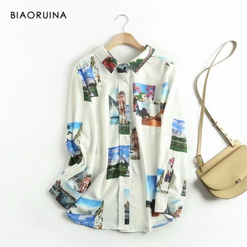 

BIAORUINA Women's Landscape Printed Single Breasted Shirt Square Collar Female Loose Casual Irregular Blouse Long Sleeve