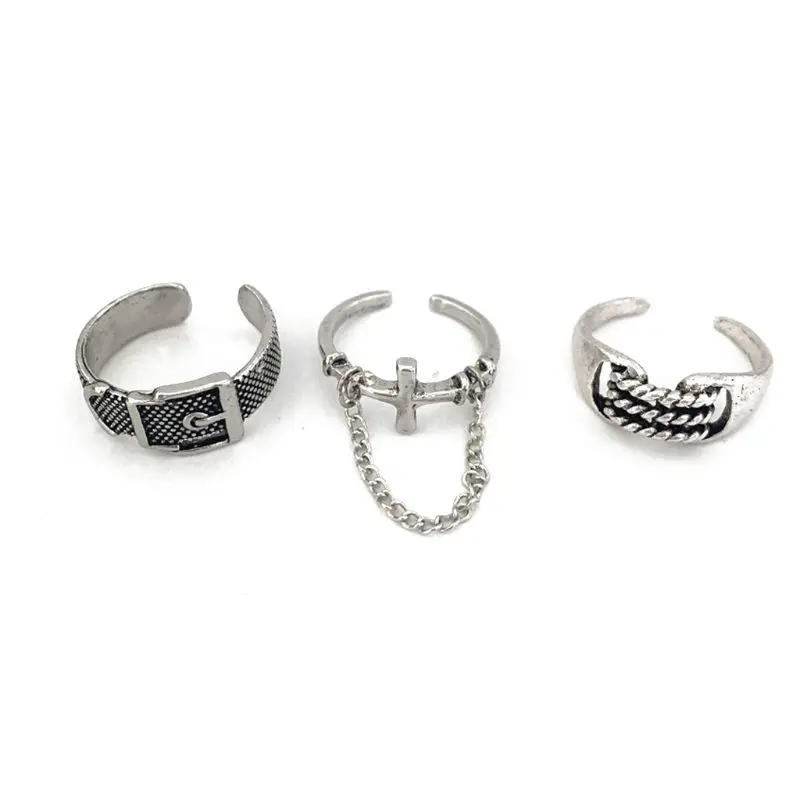 

3Pcs Retro Silver Cross Belt Buckle Twisted Rope Band Adjustable Open Rings Set