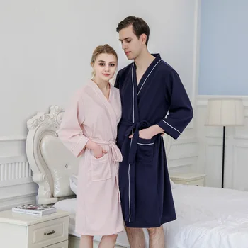 

Lovers Waffle Shirt Nightwear Soft Women Sleepwear Pocket Pink Home Clothing Belt Pyjamas Sexy Bathrobe Gown Intimate Lingerie