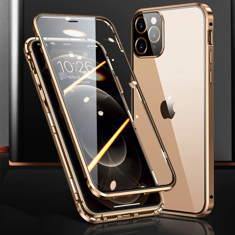 Metal Plating Magnetic Cover For iPhone 13 Pro Max Mini Case 360° Clear  Double-Sided Glass Shockproof Phone Case Coque Fundas - AliExpress