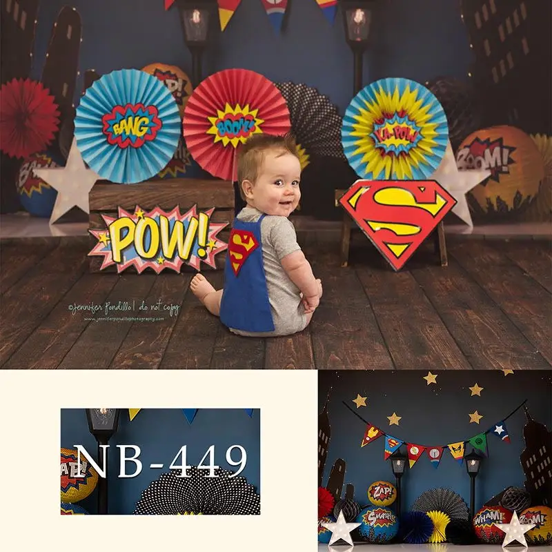 

Super Hero Night Building Children Birthday Photography Backdrops For Photo Studio Star Paper Flowers Photography Background