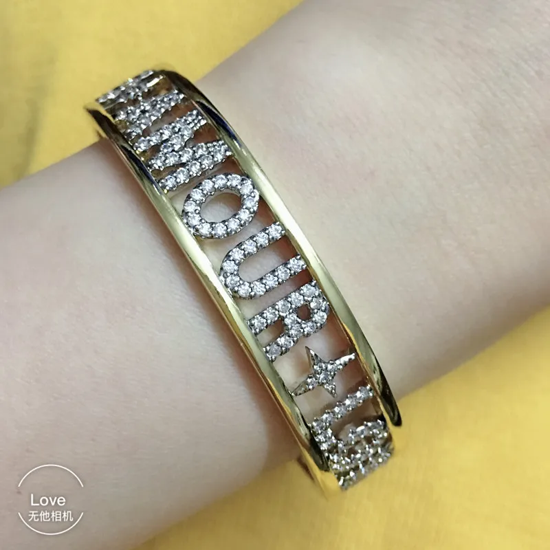 women female bangle zircon wide lettter BIG MAC SMILE FUN CRAZY LOVE AMORE AMOUR LOVE CRAZY bracelet positive sentence bangle