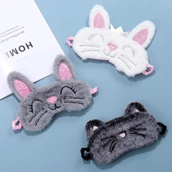 

1PC Plush Cute Cartoon Long Ear Rabbit Grey Cat Shading Eye Mask Sleeping Aid Tools Eye Cover Relax Blindfold Travel Home Gift