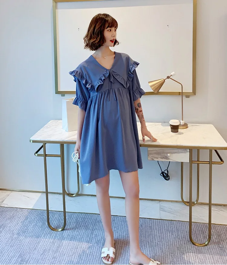 Vestido de Maternidade Novo Verão Coreano Tamanho Grande Cor Sólida Lotus Leaf Collar Lapela Chiffon 21 Mamãe e Bebê