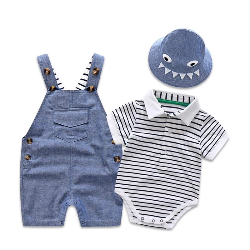 

Newborn Baby Striped Romper Outfit Set Clothing 100% Cotton Summer With Hat Bob Pants Boy Clothes Outfit