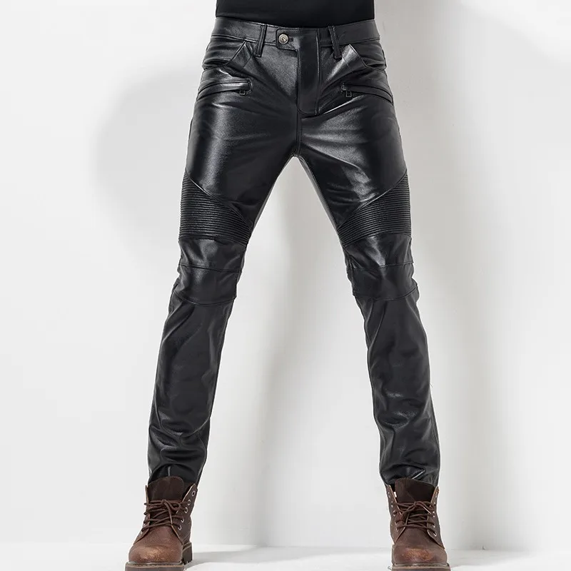 Sale European Autumn Winter Slim Mens Full Length Cowhide Pants Windproof Thick Moto Biker Pleated Genuine Leather Male Pencil Pants 5