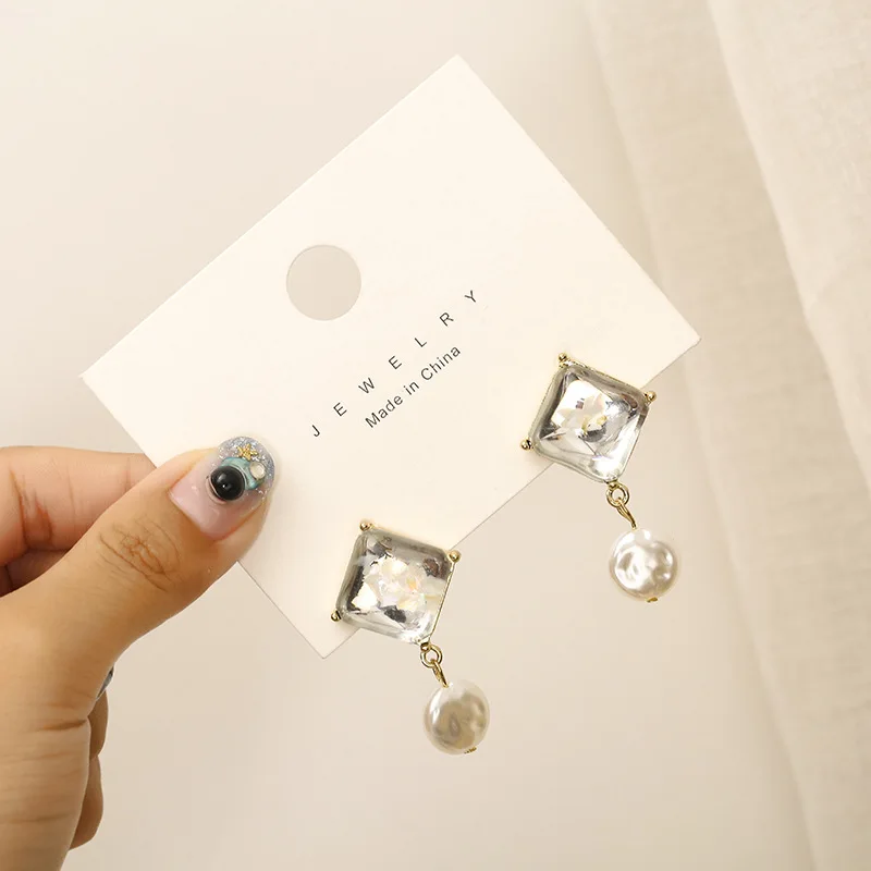 

2020 NEW Geometric Round Pearl Drop Earrings for Women Transparent Square Crystal Dangle Ear Jewelry Pendientes Brincos