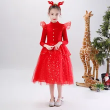 Красное рождественское платье; зимний свитер с длинными рукавами для маленьких девочек; вечерние платья принцессы на год; длинное платье на выпускной; Детские платья; одежда