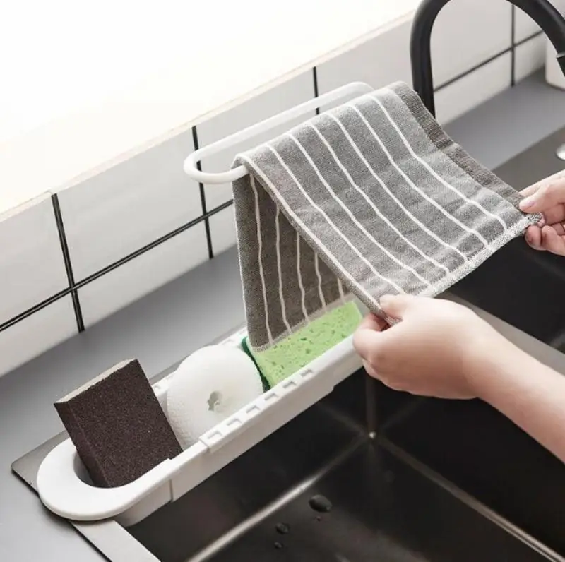 Kitchen Telescopic Sink Shelf Drainer Rack Storage Basket Soap Sponge Storage Towel Rack Bathroom Adjustable Sink Kitchen Tool_voghion.com