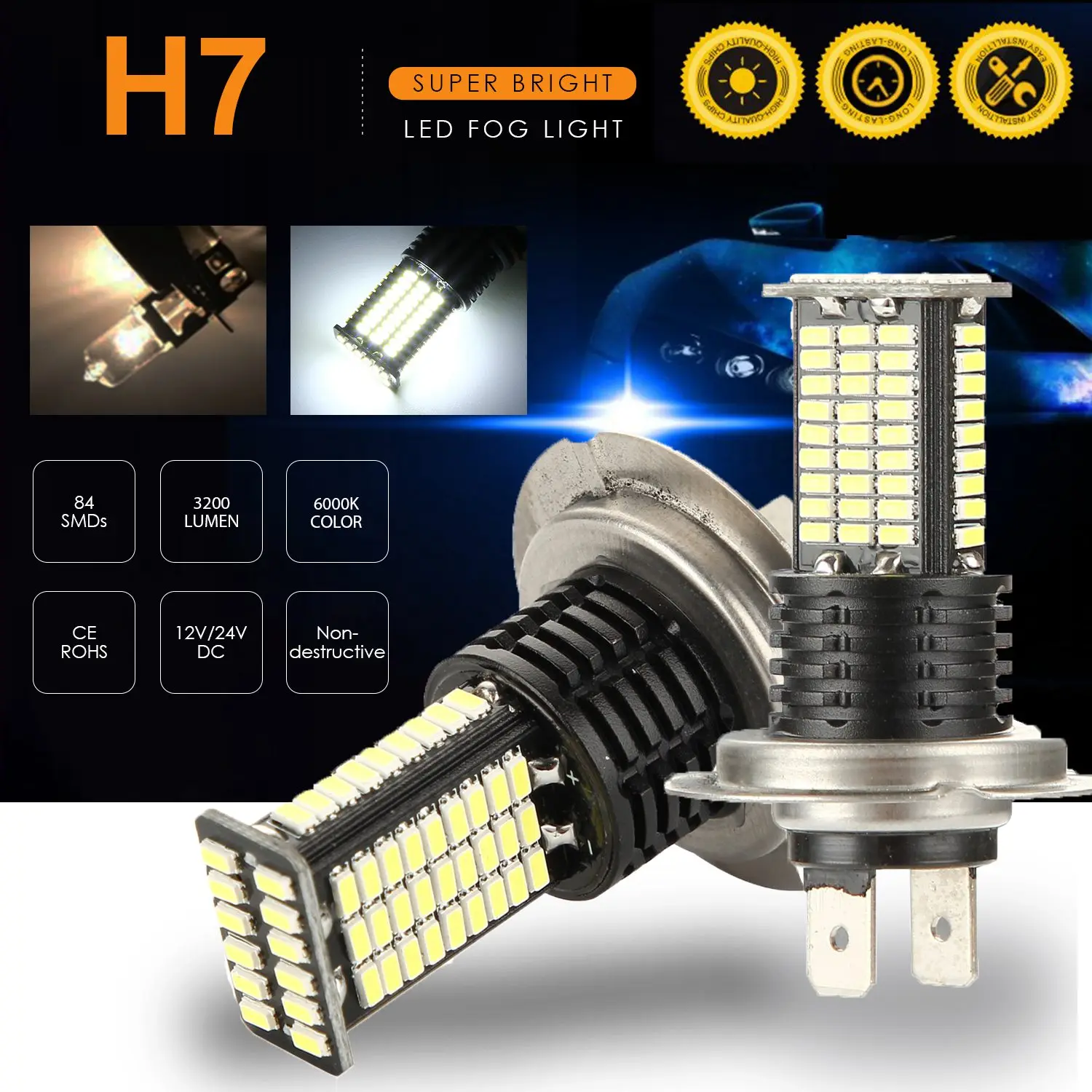 2 шт. H7 светодиодный туман светильник лампы DRL 3200 люмен супер яркий 84-SMD 12V 24V H7 светодиодный Замена лампы для автомобилей, грузовых автомобилей, 6000K белый