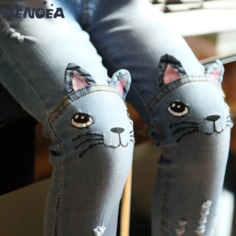 Menoea для девушек джинсы Демисезонный с рисунком котa из мультфильма, с эластичной резинкой на талии, детские джинсы, облегающие леггинсы светильник синие зауженные брюки От 2 до 6 лет