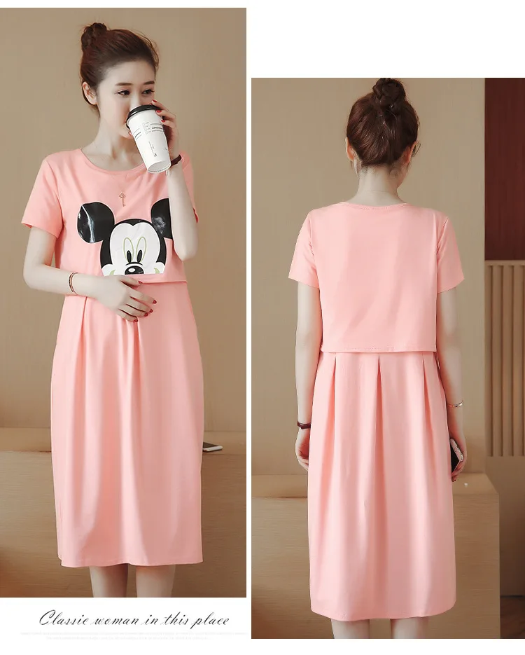 Summer New Style Maternity Clothes Medium-length Fashion Mickey Nursing Dress Korean-style Pregnant Women Nursing Clothes