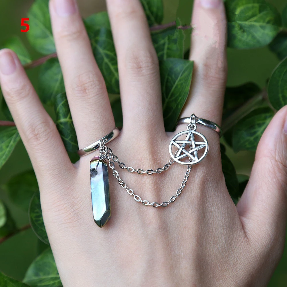 

Witch Ring Five-Star Charms Ring Adjustable Two Finger Rings With Pendant Knuckle Chain Ring For Women Party Female Jewelry Gift