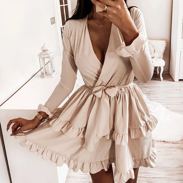 CVYATAYA New Arrived Flared Sleeves Ruffles V Neck Sexy Dress Women Spring Autumn Long Sleeve A-Line Solid Sashes Mini Dresses 1