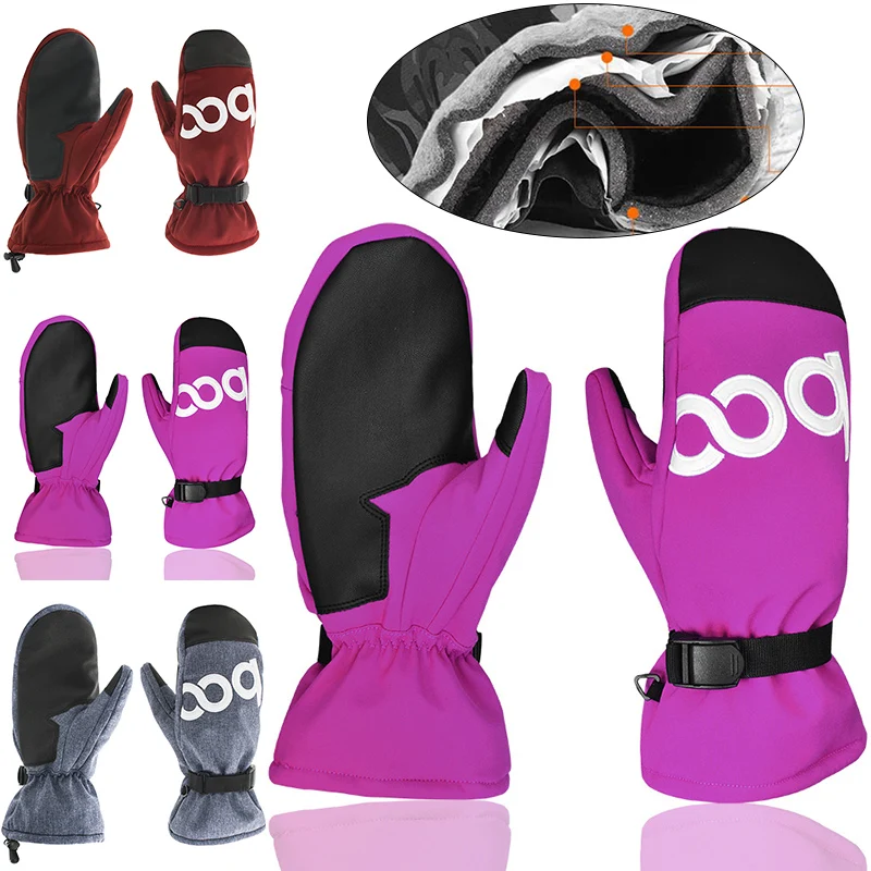 BOODUN Waterproof Unisex Ski Mittens PU Leather Outdoor Sports Thermal Winter Warm Gloves Optional Size